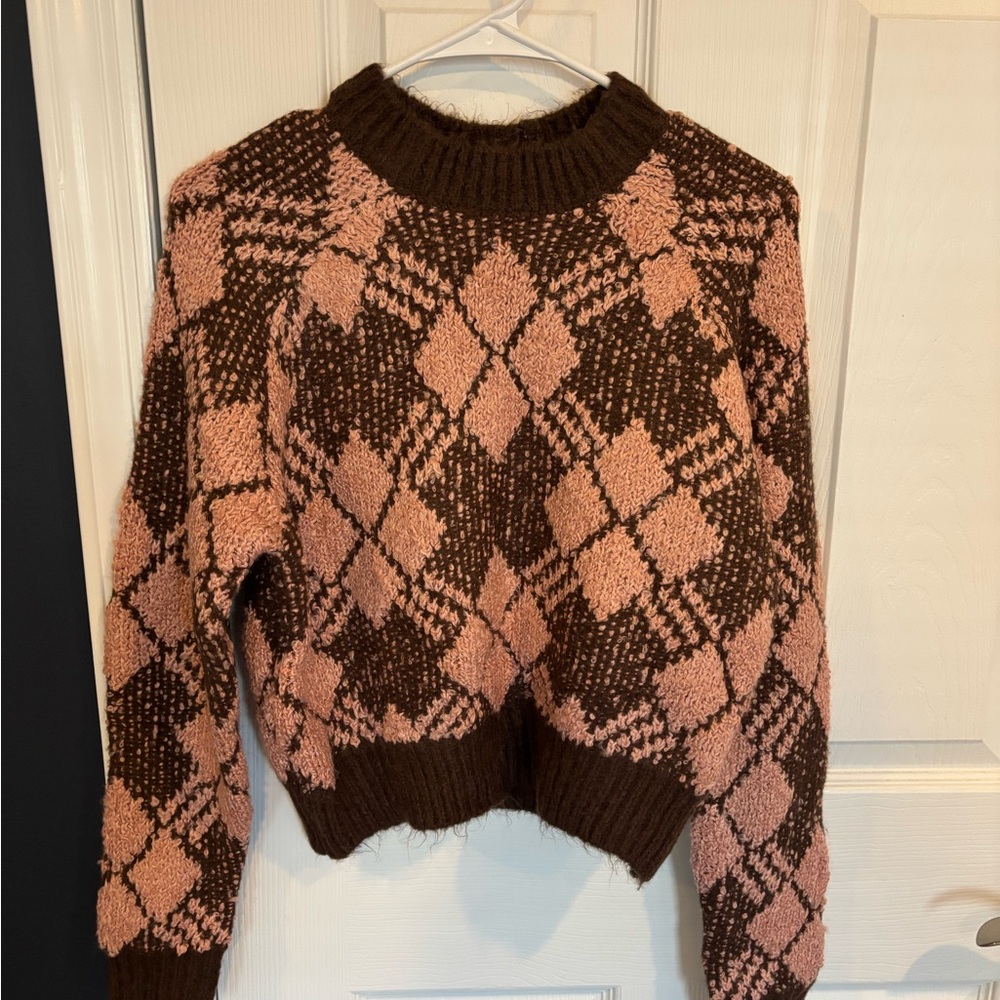 Brown and Pink Argyle Women's Sweater